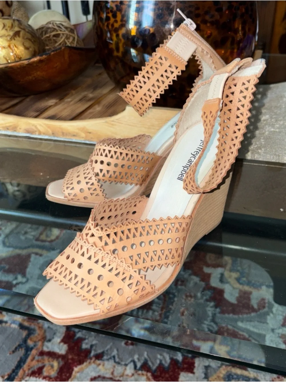 Jeffrey Campbell Tan Laser-Cut Wedge Sandals with Ankle Strap